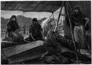 Tillverkning av mattor av nomadkvinnor i Persien. Gravyr i journalen "" La jeunesse"" av Unknown artist