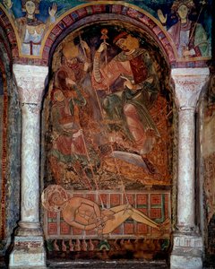 Saint Laurents martyrskap (210/220-258) dog på grillen, fresk av staden Berze. 1000-talet. Chapel of the Moines, Berze la Ville av Unknown artist