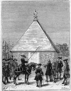 Måttet på graden av Ecuador på 1700-talet: pyramiden i Carabourou, Peru, upphöjd av La Condamine 1736. Gravyr i "" La Nature: revue des sciences et de leurs applications aux arts et a l