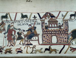 Budbärarna till kungen av Normandie Vilhelm Erövraren (1027-1087) informerade honom om att Harold, som kom från England på uppdrag av kung Edward Bekännaren av England, togs till fånga av greve Guy de Ponthieu. Detail of the Tapestry of Bayeux eller Emb av Unknown artist