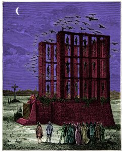 Montfaucon gibet i paris var en stenmassa med sexton pelare (med smeknamnet forks of great justice, belägen nordost om paris), gravyr från 1800-talet av Unknown artist