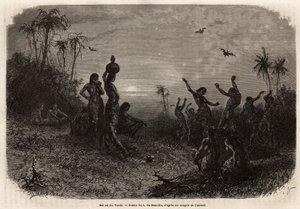 Månskensbalen, som avslutar 18-årsjubileumsceremonin och bröllopet för en ung indisk man från Rio Verde (Brasilien). Gravyr för att illustrera resan till Nya Granada, av Dr. Saffray, 1869, publicerad i "" Le tour du monde""" 1873, redigerad av av Unknown artist