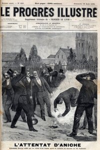 Mördaren Clement Decoux är offer för sitt försök till attack mot Emile Vuillemin (1822-?), chef för Aniches gruvor, som firar dagen den 4 augusti 1895, hans femtioårsjubileum i spetsen för kolproduktionen - gravyr i "Le Progres" illust av Unknown artist
