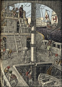 Navigatören Christopher Columbus (1451-1506) ombord på sin karavel. av Unknown artist