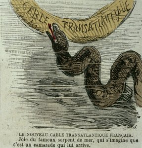 Den nya franska transatlantiska kabeln - Joy of the berömda havsorm, som föreställer sig att det är en kamrat som kommer till honom. Humoristisk teckning på den gigantiska havsormen och den transatlantiska kabeln som lades 1858. Eragravyr. av Unknown artist
