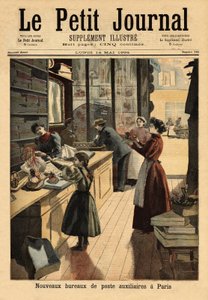De nya extra postkontoren i Paris, några förhandlare öppnar en postdisk, parallellt med deras kommersiella verksamhet. Gravyr i "" Le petit journal"" 1894-05-14. Selvas samling. av Unknown artist