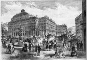 Den nya platsen för den franska teatern (Comedie Francaise) med fontänerna projicerade vid Palais Royal (Palais Royal) i Paris. Gravyr i "" L