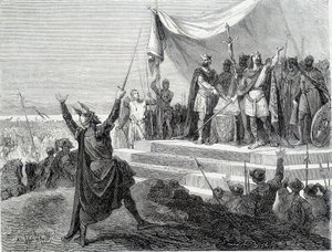 De två brödernas ed före deras rustning: Karl II den skallige och Ludvig II germanen avlägger eden mot Lothaire I (Ederna från Strasbourg 842). Gravyr av 1800-talet. av Unknown artist