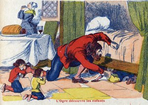Ogren upptäcker barnen. Illustration till "" Le Pepetit poucet", berättelse av Charles Perrault (1628-1703), fransk författare. Anonym illustration. Bildmaterial Marcel Vagne, Jarville Nancy, odaterat (slutet av 1800-talet). av Unknown artist