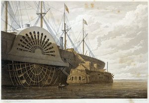 Den gamla fregatten med sin kabelfrakt längs med "" GreatEastern"" vid Sheerness - i "" The Atlantic telegraph"" av W. H. Russel, ca. 1860 av Unknown artist