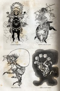 Pantheon av japanska gudomliga: traditionell representation av några typiska figurer: ridningens beskyddare; Marisiten, krigsguden; Futen, vindarnas gud; Raiden, åskguden. Gravyr för att illustrera resan till Japan 1863-1864, av av Unknown artist