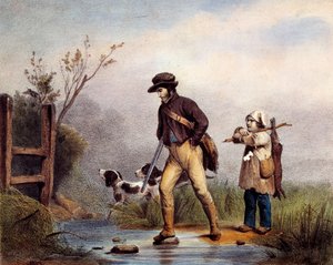 Passagen har jägare som korsar ett vattendrag till fots. Litografi av 1800-talets Gien, jaktmuseum av Unknown artist
