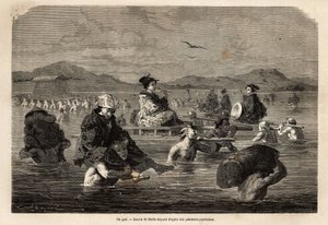 Passage av en gue, med presentation av sätten att transportera passagerare och bagage. Gravyr för att illustrera resan till Japan, 1863-1864, av Aime Humbert, minister för Schweiziska edsförbundet, i "" Le tour du monde, nouveau journal des voyages" av Unknown artist