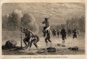 Passagen av gue, Siriniris-indianerna, föreslår spontant att de ska fortsätta expeditionens medlemmar för att få dem att korsa dammarna som bildas vid foten av berget Basiri (Peru). Gravyr för illustrrer le voyage dans les vall av Unknown artist
