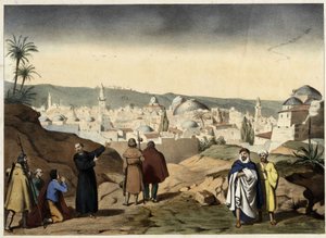 Pelerinerna anländer till staden Jerusalem. Anonym gravyr från mitten av 1800-talet - i "" Stora familjekatekesen"". av Unknown artist