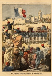 Hissningen av den franska flaggan i Timbuktu (Mali) av överstelöjtnant Francois Xavier Bonnier (1857-1944) under den franska erövringen av franska Sudan (egentliga Mali) - Den franska flaggan visas i Timbuktu (belägen vid Nigerfloden, Mali) ) av co av Unknown artist