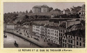 Tillflykten och kajen i Treguier i Morlaix (Finistere, regionen Bretagne). Kromolitografi från slutet av 1800-talet. av Unknown artist