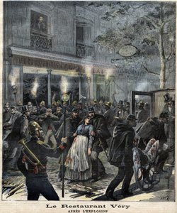 Restaurangen Very (24 Boulevard Magenta i Paris) efter explosionen orsakad av attacken av anarkisten Francois Koenigstein dit Ravachol (1859 - 1892) den 30 mars 1892. I "" The Petity Journal" av Unknown artist