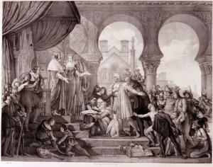 Christopher Columbus återkomst till Spanien före kung Ferdinand II av Aragon och Isabella 1:a av Kastilien (kallad katolik) efter att ha upptäckt Amerika. Gravyr av 1800-talet. av Unknown artist