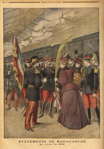 Överste Brice Bizots 200:e regemente (1848-1929) återvände till Port Vendor, där damerna i Perpignan gav dem en trefärgad palm för att fira deras hjältemod. Gravyr i "" Le petit journal"" 1896-01-05. Selvas samling. av Unknown artist