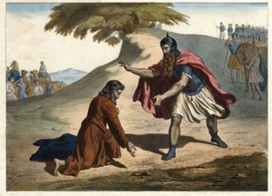 Jakobs återkomst och hans möte med Esau - Jakob återvänder till Kanaans land med sina fruar och barn: han träffar sin bror Esau. Gravyr från hälften av 1800-talet. av Unknown artist