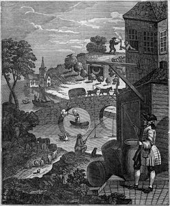 Det löjliga perspektivet Satirisk illustration av William Hogarth (1697-1764) som hånar konsten att perspektiv av målare genom att föreslå plana nivåer av objekt och personer omöjliga i verkligheten på grund av avstånd. av Unknown artist