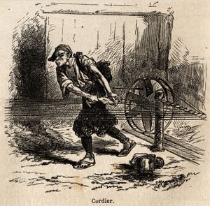 Repslagaren. Gravyr för att illustrera resan till Japan 1863-1864, av Aime Humbert, minister för Schweiziska edsförbundet, i "Le tour du monde, nouveau journal des voyages", publicerad under ledning av Edouard Charton av Unknown artist