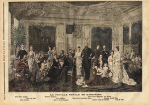 Den danska kungafamiljen, som sitter i centrum, drottning Louise av Hessen-Kassel (1817-1898) och kung Christian IX av Danmark (1818-1906) fick smeknamnet "Europas stilige fader" eftersom han gifte flera av sina barn med arvtagare av den stora kungliga f av Unknown artist