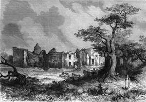 Ruinerna av Chateau de la Mailleraye nära Parthenay, departementet Deux-Sevres (Deux Sevres) i regionen Poitou-Charentes (Poitou Charentes). Gravyr i ""The Illustrious Universe"" av Unknown artist
