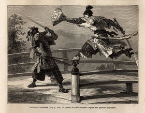 Samurajen Yashitsune i balans på barriären av en bro, attackerar en samuraj i rustning. Gravyr för att illustrera resan till Japan, 1863-1864, av Aime Humbert, minister för Schweiziska edsförbundet, i "" Le tour du monde, nouveau journal des voyages" av Unknown artist