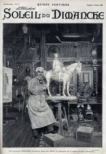 Skulptören Jean Leon (Jean-Leon) Gerome (1824-1904) avslutar i sin ateljé modellen av statyn av hertigen av Aumale - Gravyr i "" Le sun-du-dimanche"", 15 oktober av Unknown artist