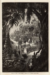Säsongsfirandet i Luang Prabang, kunglig huvudstad i Lan Xang (miljonelefanternas rike) (dagens Laos), bestående av en procession av invånarna och en pagod för tillbedjan i hela staden. Gravyr för att illustrera en upptäcktsresa av Unknown artist