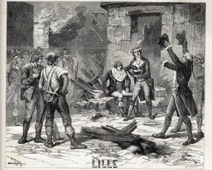 Lilles rakskål. En episod från belägringen av Lille 1792 under de franska revolutionskrigen - Siege de Lille 1792: Maes peruk använder en bombsprängare som skäggskål för att raka en klient - av Unknown artist