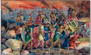 Belägringen av staden Jerusalem av kungen av Babylon Nebukadnessar II (v. 630 f.Kr.-562 f.Kr.) 586 f.Kr. och förstörelsen av Jerusalems stad och tempel. Kromolitografi från slutet av 1800-talet. av Unknown artist