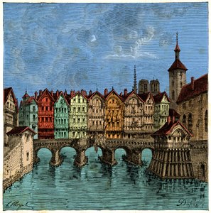 Den lilla bron som senare var Pont au Change i Paris under medeltiden, gravyr 1800-talet av Unknown artist