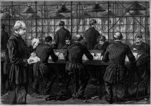Sortering av korrespondens på ett kontor på Hotel des Postes i Rue du Louvren i Paris. Gravyr i journalen "" La jeunesse"" av Unknown artist