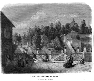 Trappan av växthus i trädgården av växter i Paris 1858. av Unknown artist
