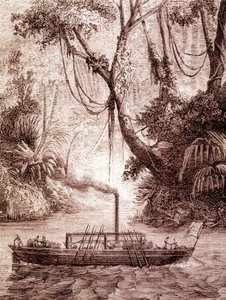 Ångbåten av John Fitch, amerikansk uppfinnare, på Delawarefloden omkring 1791. av Unknown artist
