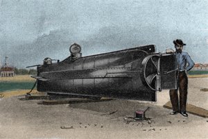 Ubåten (ubåten) CSS H. L. Hunley som användes av Confederate States Navy under avskiljningskriget. 1861-1865 Gravyr av 1800-talet av Unknown artist