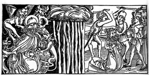 Frestelserna av Sankt Antonius den Store (eller Sankt Antonius Eremiten eller Sankt Antonius Abbe), och till höger hans martyrskap efter. Gravyr från "Leben der Heiligen - sommerteil" (Helgonets bok) av Jacobus (James) av Voragine (1228-1298). L av Unknown artist