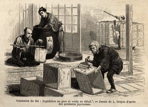 Handeln med te: grossist- och detaljhandelsfrakt. Gravyr för att illustrera resan till Japan, av Aime Humbert, minister för Schweiziska edsförbundet, 1863-1864, publicerad i "" Le tour du monde""" 1869, redigerad av Edouard Charton, upplaga Hachette, Par av Unknown artist