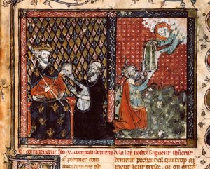 Översättarmunken presenterar sin bok för kung Filip III av Frankrike som kallas den djärve (1270-1285). Miniatyr hämtad från The Christian Doctrine, av St. Augustine (?) av Unknown artist