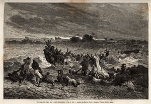 Transporten av kung Ahmadous armé på Nigerfloden under regnperioden orsakade honom många skeppsvrak och många förluster av hästar. Gravyr för att illustrera resan till västra Sudan av löjtnant (marinen) M. Mage, 1863-1866, publicerad i "Le tour d av Unknown artist