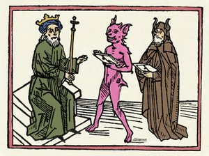 Rättegången mot Belial: "Demon Belial presenterar sina referenser till domare Solomon" "Gravering från "The trial of Belial"" av Jacobus de Teramo (eller Palladino), Ausburg av Unknown artist