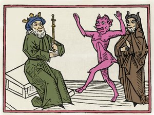 Rättegången mot Belial: "" Demonen Belial dansar inför domaren Solomon""" Gravyr från "The trial of Belial"" av Jacobus de Teramo (eller Palladino), Ausburg av Unknown artist
