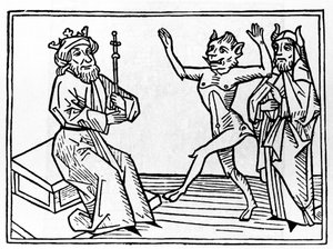 Rättegången mot Belial: "" Demonen Belial dansar inför domaren Solomon""" Gravyr från "The trial of Belial"" av Jacobus de Teramo (eller Palladino), Ausburg av Unknown artist