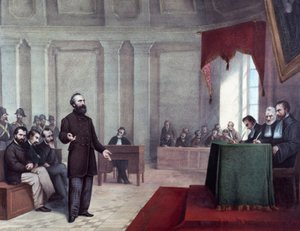 Rättegången mot Felice Orsini (1819 - 1858) som begick attacken den 14 januari 1858 på Napoleon III. Litografi från slutet av 1800-talet. Milanos privata samling ©Luisa Ricciarini/Leemage av Unknown artist
