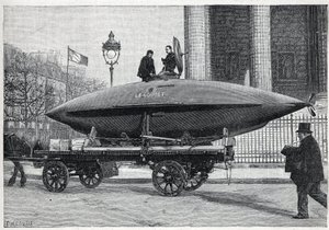 Undervattensbåten (ubåten) "" Le Goubet"", transporterar för experiment, passerar Place de la Madeleine i Paris. Gravyr i "" La Nature"" av Unknown artist