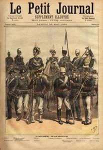 Den italienska arméns uniformer, en häst från vänster till höger: artilleriet, kavalleriofficeren, generalen, översten av carabinieri, guidens officer, 10:e spjutregementet, den hundrade. Stående från vänster till höger: karbinhaken, th av Unknown artist