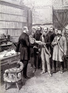 Arbetardelegaternas besök i Palais Bourbon (Jules Guesde, Ferroul, Baudin och Thivrier) hos ordförandeskapets generalsekreterare: Martin, under demonstrationen den 1 maj av Unknown artist